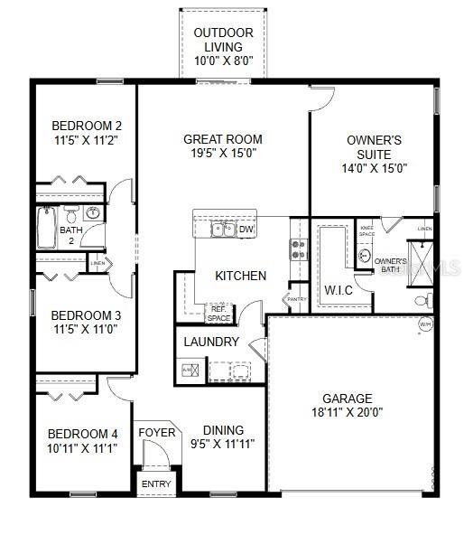 This is a floor plan for a four-bedroom, two-bathroom home with a garage and kitchen — 5838 N CLAREMONT DRIVE, DUNNELLON, FL