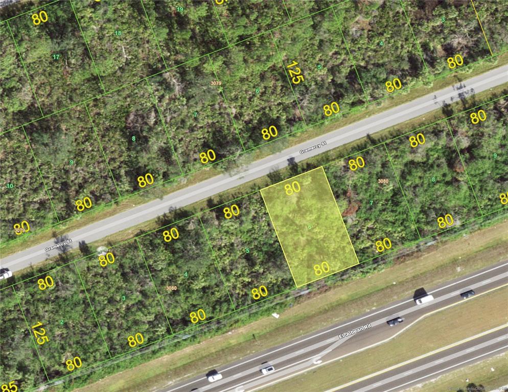 This is a satellite map showing a highlighted rectangular plot of land between two roads — 2326 GRAMERCY STREET, PORT CHARLOTTE, FL