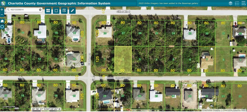 This is a map showing residential lots and street layouts in a Charlotte County neighborhood — 13544 DRYSDALE AVENUE, PORT CHARLOTTE, FL