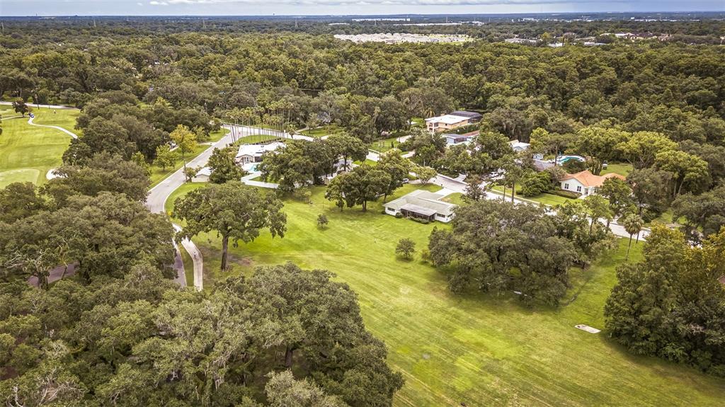 An aerial view shows several houses nestled among mature trees and a large grassy lawn — 936 N RIVERHILLS DRIVE, TEMPLE TERRACE, FL