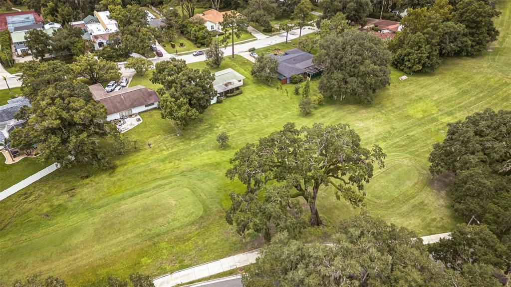 An aerial view of a large, grassy residential lot featuring mature trees and nearby houses — 936 N RIVERHILLS DRIVE, TEMPLE TERRACE, FL