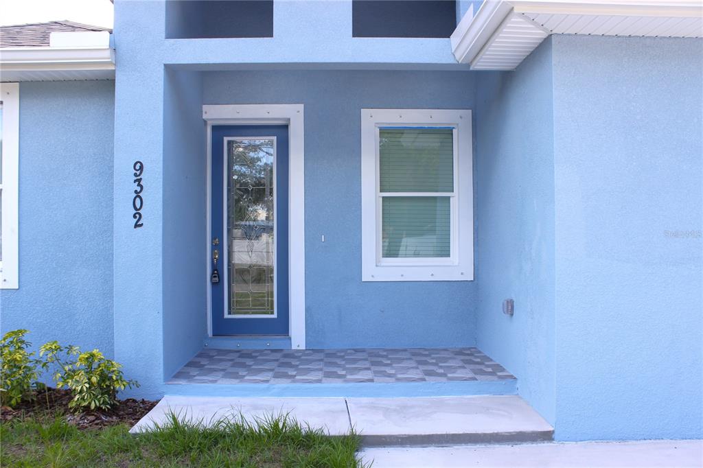 A blue house exterior features a front door with a glass insert and a window — 9302 N 18TH STREET, TAMPA, FL