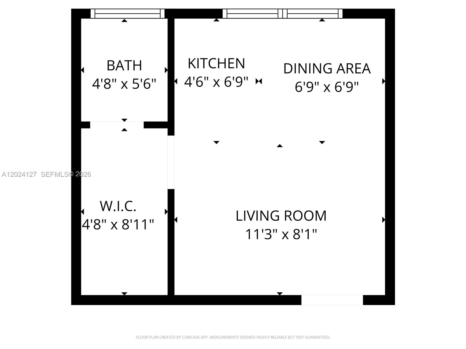 This is a floor plan for a small apartment featuring a bathroom, kitchen, and living area — 126 Mendoza Ave # 7A, Coral Gables FL 33134, CORAL GABLES, FL