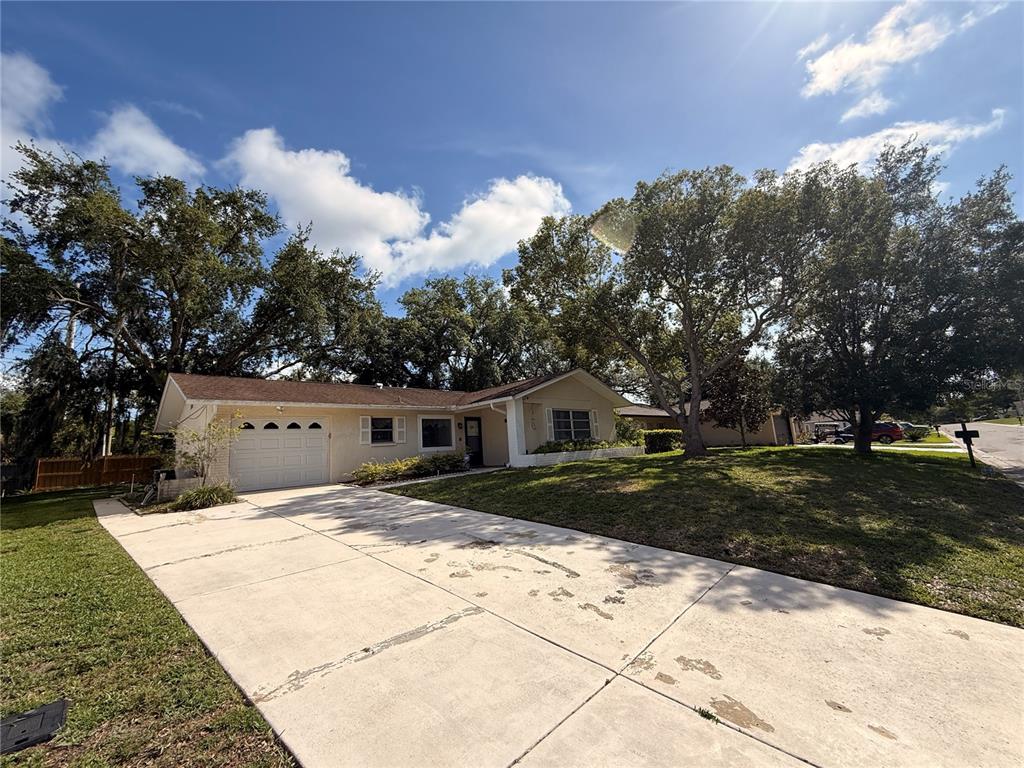 A single-story house with a concrete driveway, tan siding, and large trees in the yard — 8634 WINDING WOOD DRIVE, PORT RICHEY, FL