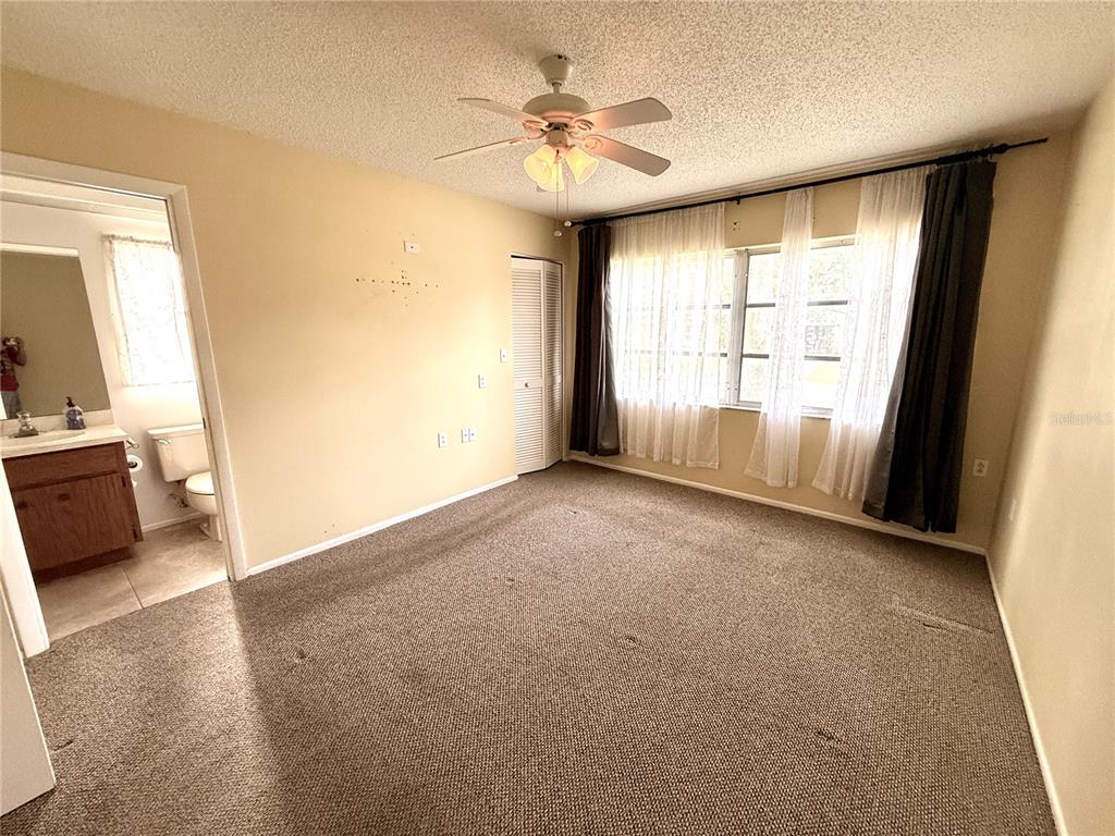 A bedroom with beige carpet, a ceiling fan, and an attached bathroom — 8634 WINDING WOOD DRIVE, PORT RICHEY, FL