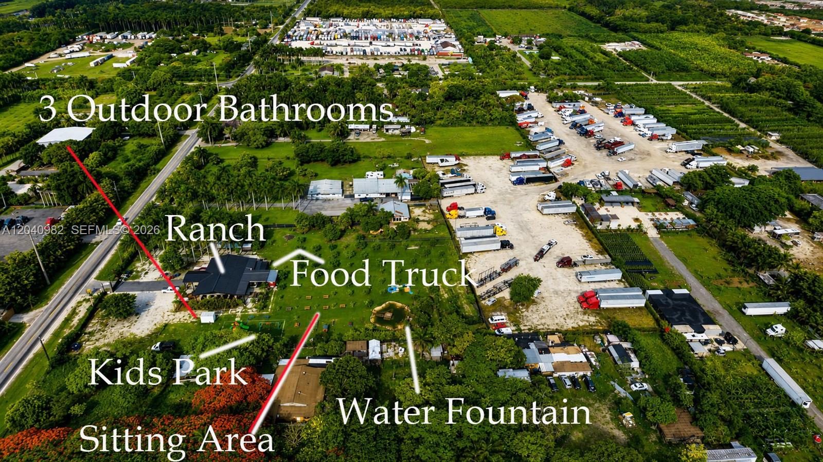 This aerial view shows a rural property with a ranch, food truck, and parking area — 19790 SW 136th St, Miami FL 33196, MIAMI, FL