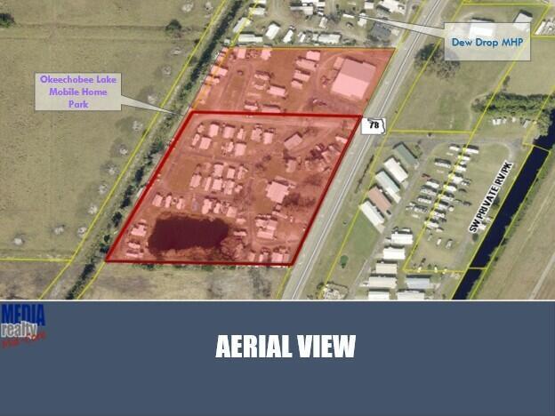 An aerial map shows a mobile home park highlighted in red along a highway — 8761 Highway 78 W, Okeechobee FL 34974, OKEECHOBEE, FL