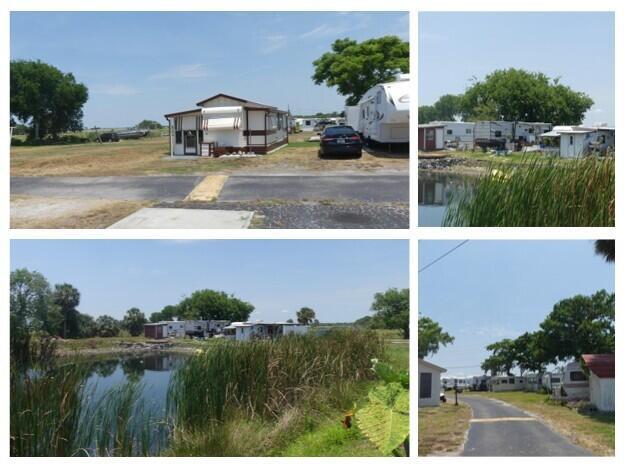 A collage shows several mobile homes and travel trailers situated near a pond and trees — 8761 Highway 78 W, Okeechobee FL 34974, OKEECHOBEE, FL