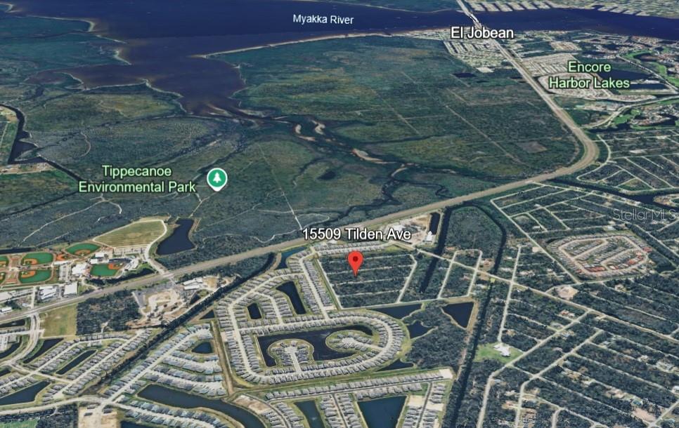 An aerial map view showing a vacant lot location near the Myakka River and park — 15509 TILDEN AVENUE, PORT CHARLOTTE, FL
