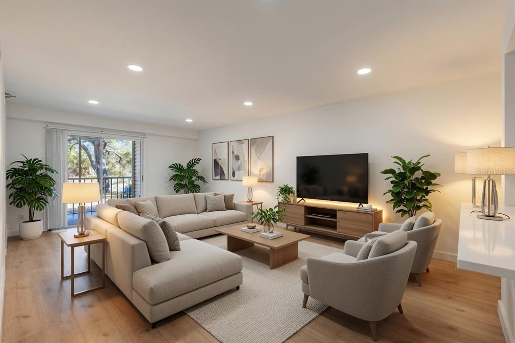 This is a digital rendering of a modern living room with a sectional and armchairs — 6304 POINTE WEST BOULEVARD UNIT A107, BRADENTON, FL