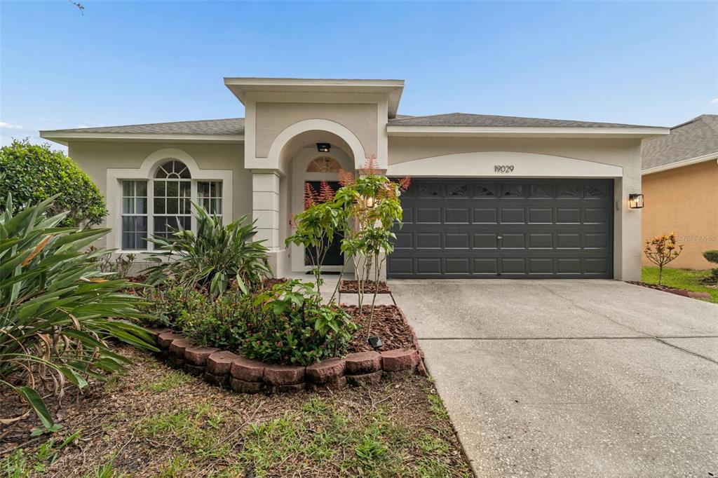 A single-story house with a beige stucco exterior, a dark garage door, and landscaped front yard — 19029 CHEMILLE DRIVE, LUTZ, FL