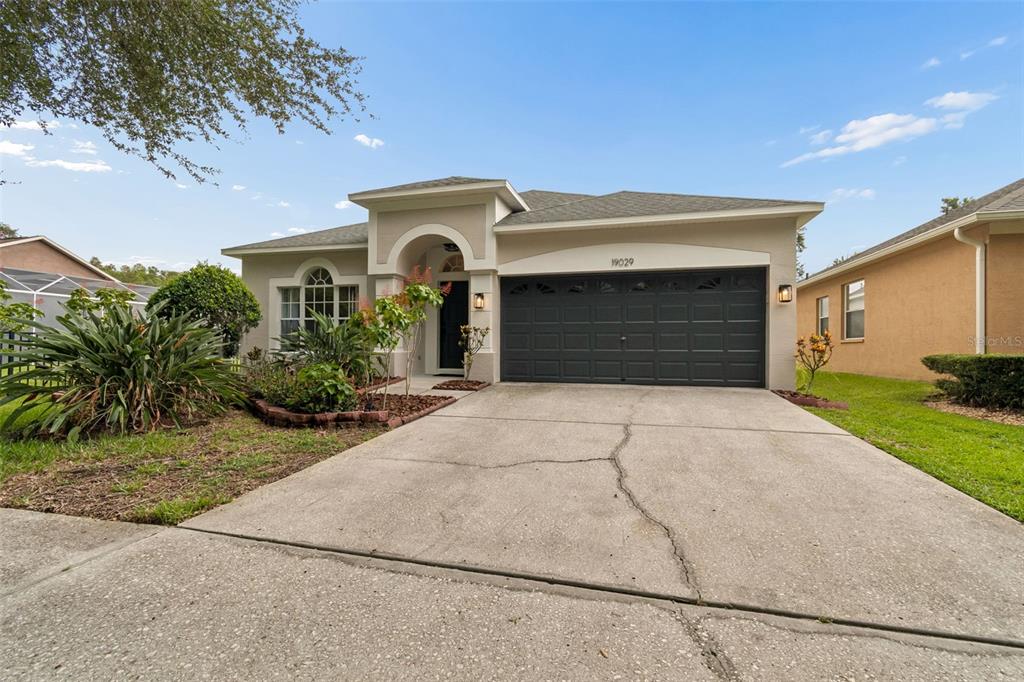 A single-story house with a beige stucco exterior, a dark garage door, and a concrete driveway — 19029 CHEMILLE DRIVE, LUTZ, FL