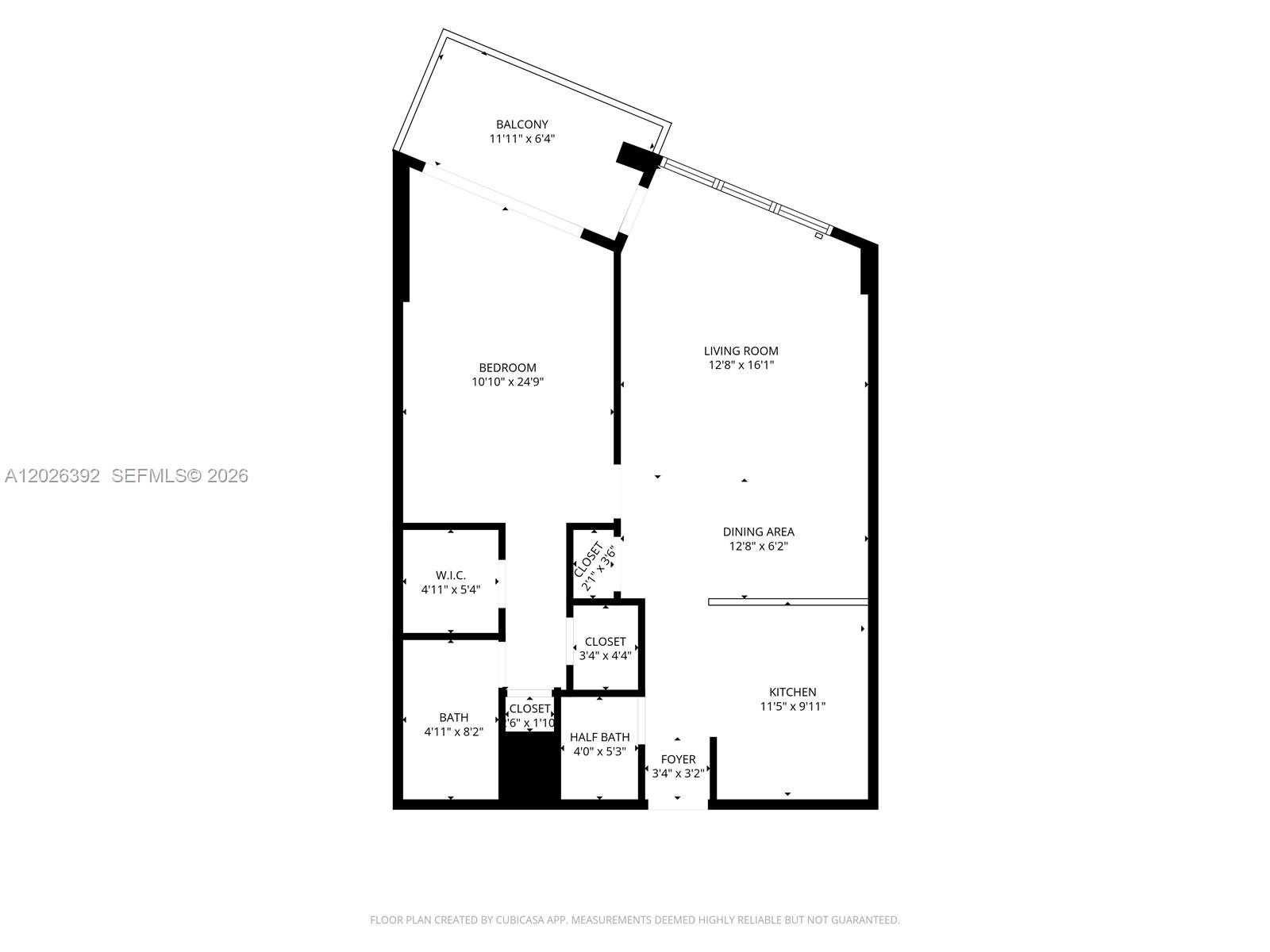 This is a floor plan for a one-bedroom apartment with a balcony and two bathrooms — 1228 West Ave # 1114, Miami Beach FL 33139, MIAMI BEACH, FL