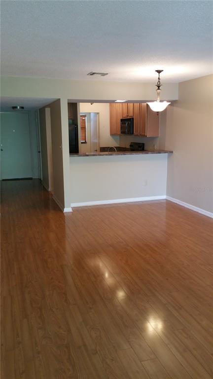 A living room with wood-look flooring opens to a kitchen with wood cabinets and counters — 2934 PLAZA TERRACE DRIVE UNIT 2934, ORLANDO, FL