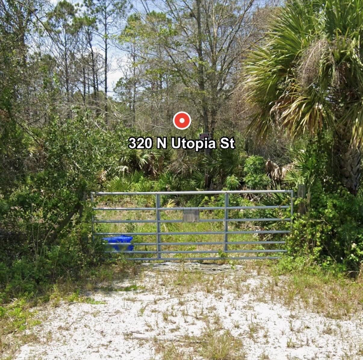 A metal gate blocks a sandy driveway leading into a dense, wooded lot — 320 N Utopia Street, Clewiston FL 33440, CLEWISTON, FL