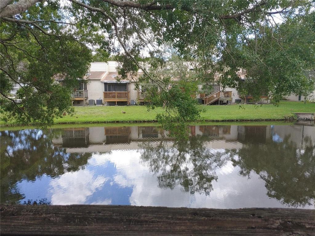 A view of a pond and multi-unit residential buildings from behind a screened-in porch — 6236 93RD TERRACE N UNIT 3504, PINELLAS PARK, FL
