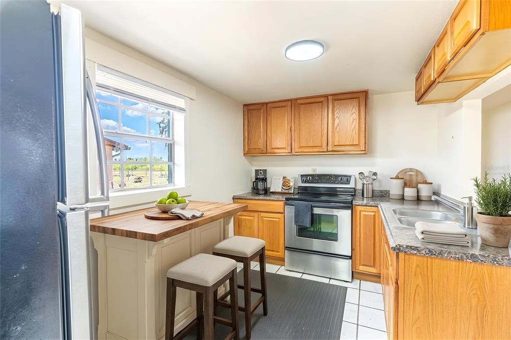 A kitchen features wood cabinets, stainless steel appliances, a butcher block island, and tile flooring — 225 W NORTHSIDE DRIVE, LAKE WALES, FL