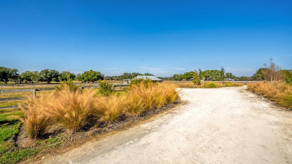 A dirt driveway leads toward a barn in a grassy field with wooden fencing — 15305 NW 112TH PLACE ROAD, MORRISTON, FL
