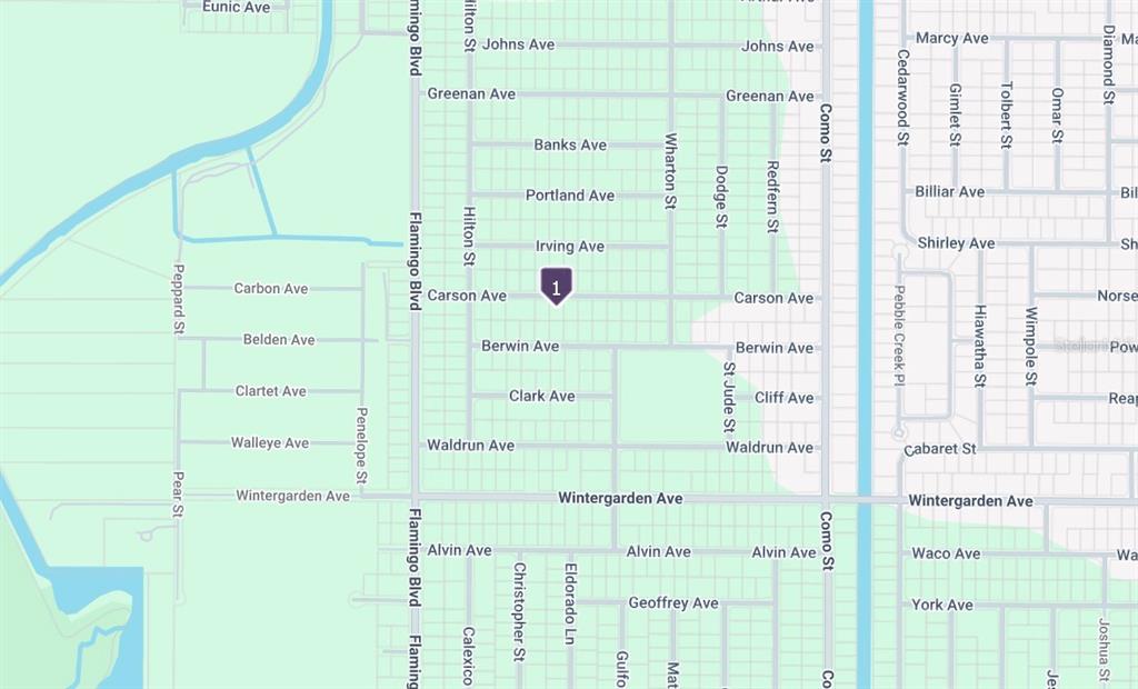This is a street map showing a residential area with labeled roads and intersections — 17083 CARSON AVENUE, PORT CHARLOTTE, FL