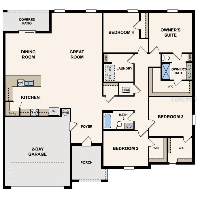 This floor plan shows a single-story home with a garage, four bedrooms, and a patio — 12025 PENGUIN AVENUE, WEEKI WACHEE, FL