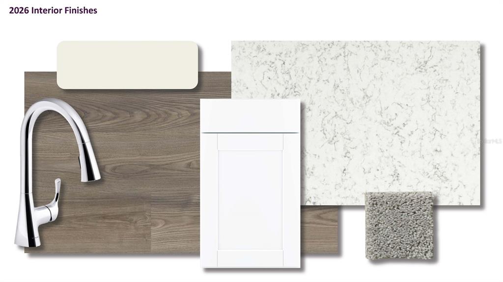 This interior design mood board displays samples of flooring, cabinetry, countertops, carpet, and a faucet — 12025 PENGUIN AVENUE, WEEKI WACHEE, FL