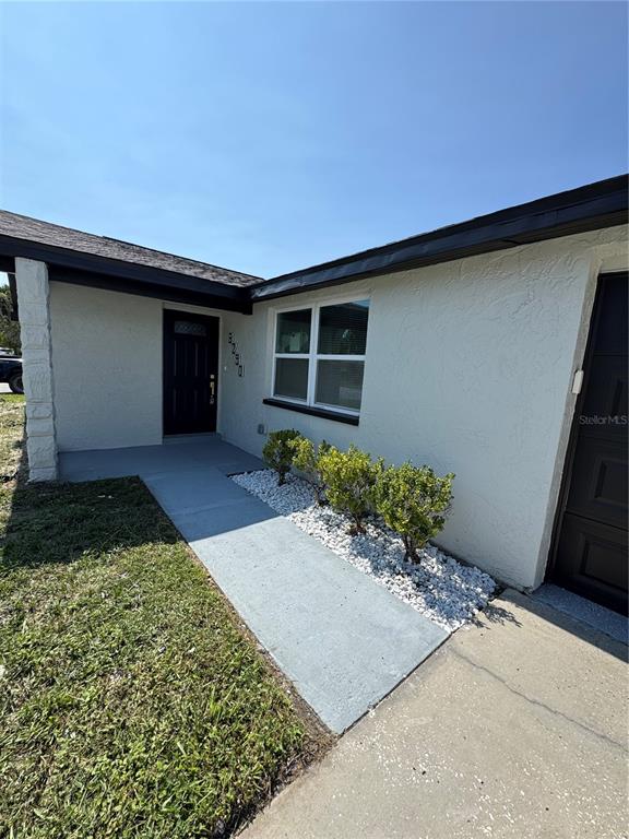 A white stucco house exterior features a black front door, a window, and landscaping — 6205 WESTPORT DRIVE, PORT RICHEY, FL