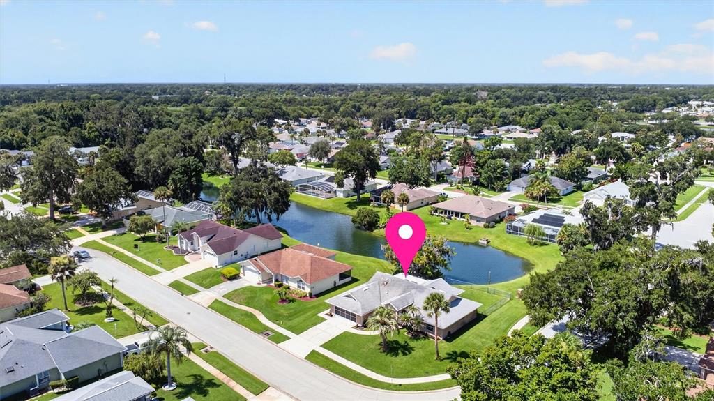 An aerial view shows a suburban house with a pink location pin near a pond — 31 OLD SUNBEAM DRIVE, SOUTH DAYTONA, FL