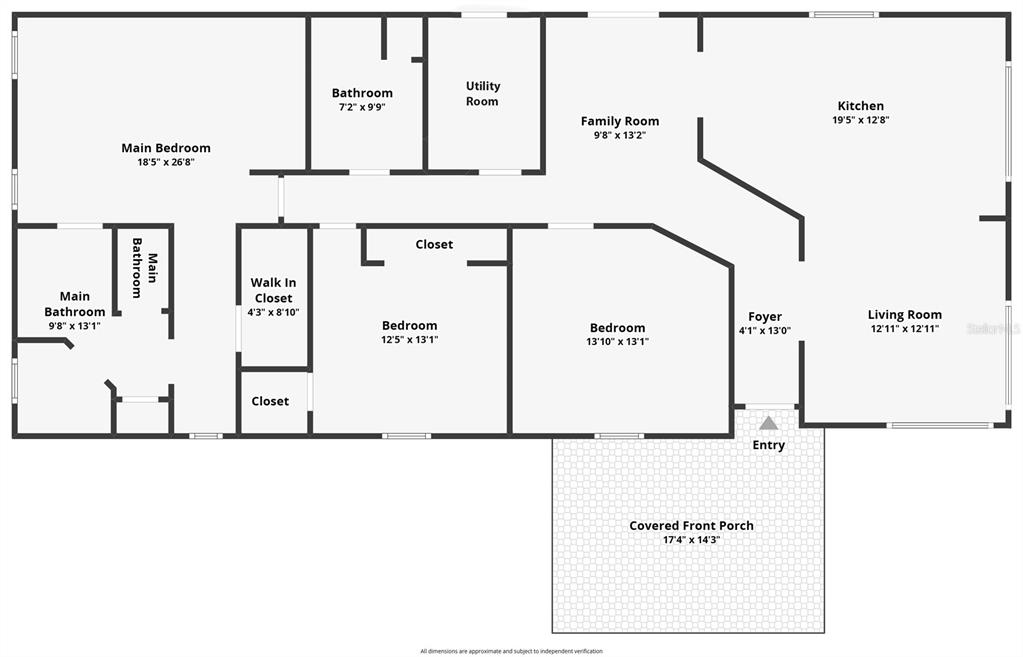 This is a floor plan of a house featuring three bedrooms, two bathrooms, and a porch — 1919 NW 100TH STREET, OCALA, FL