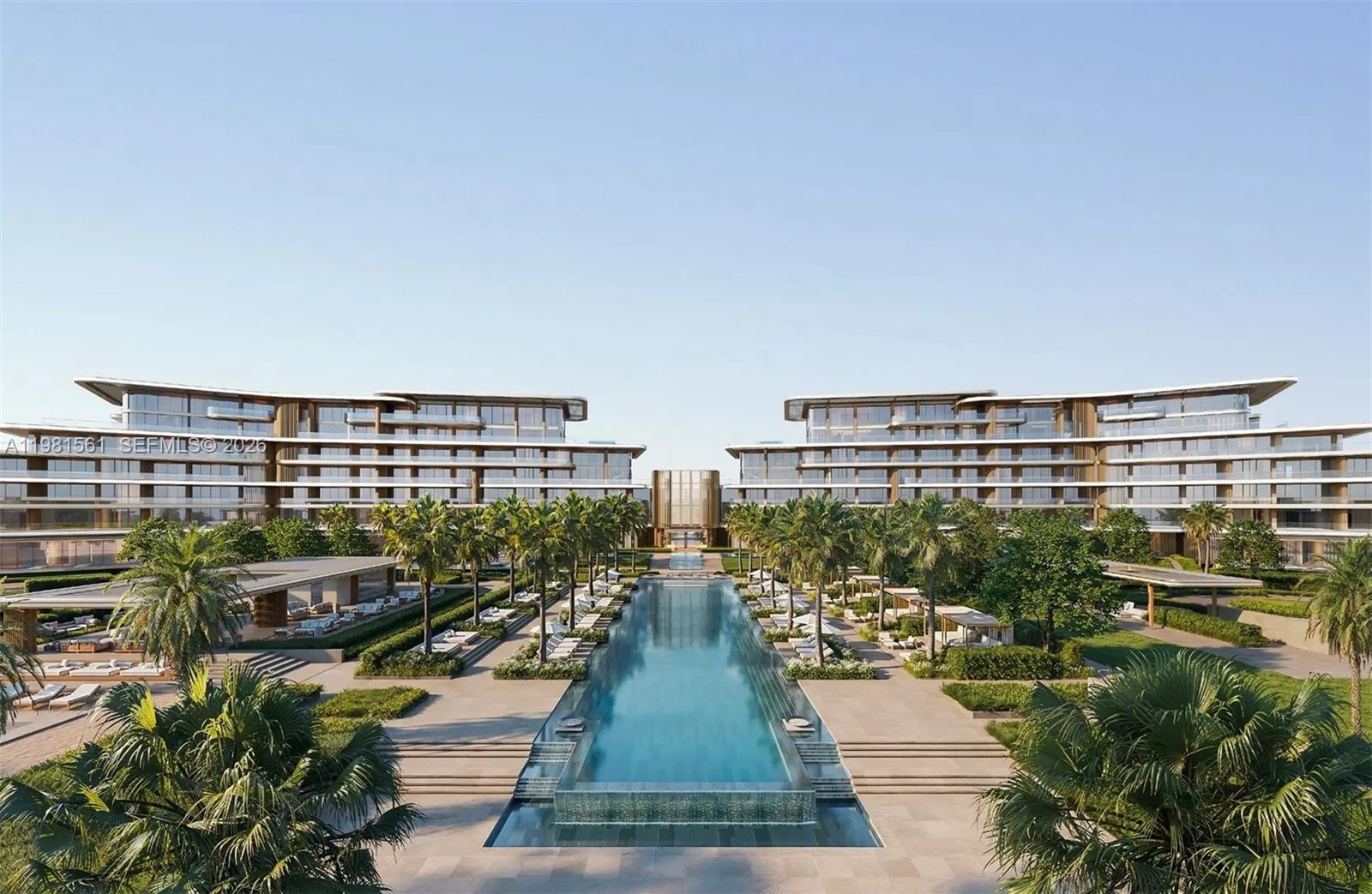 This is a rendering of a modern luxury resort with a large central swimming pool — 1st Saadiyat Beach District # 0, Abu Dhabi, FL