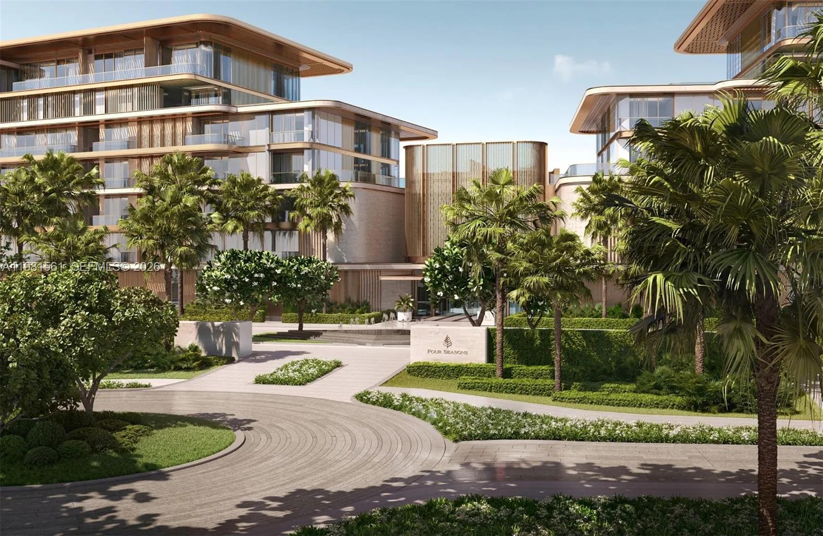 This architectural rendering shows the exterior entrance of a Four Seasons resort with landscaped gardens — 1st Saadiyat Beach District # 0, Abu Dhabi, FL