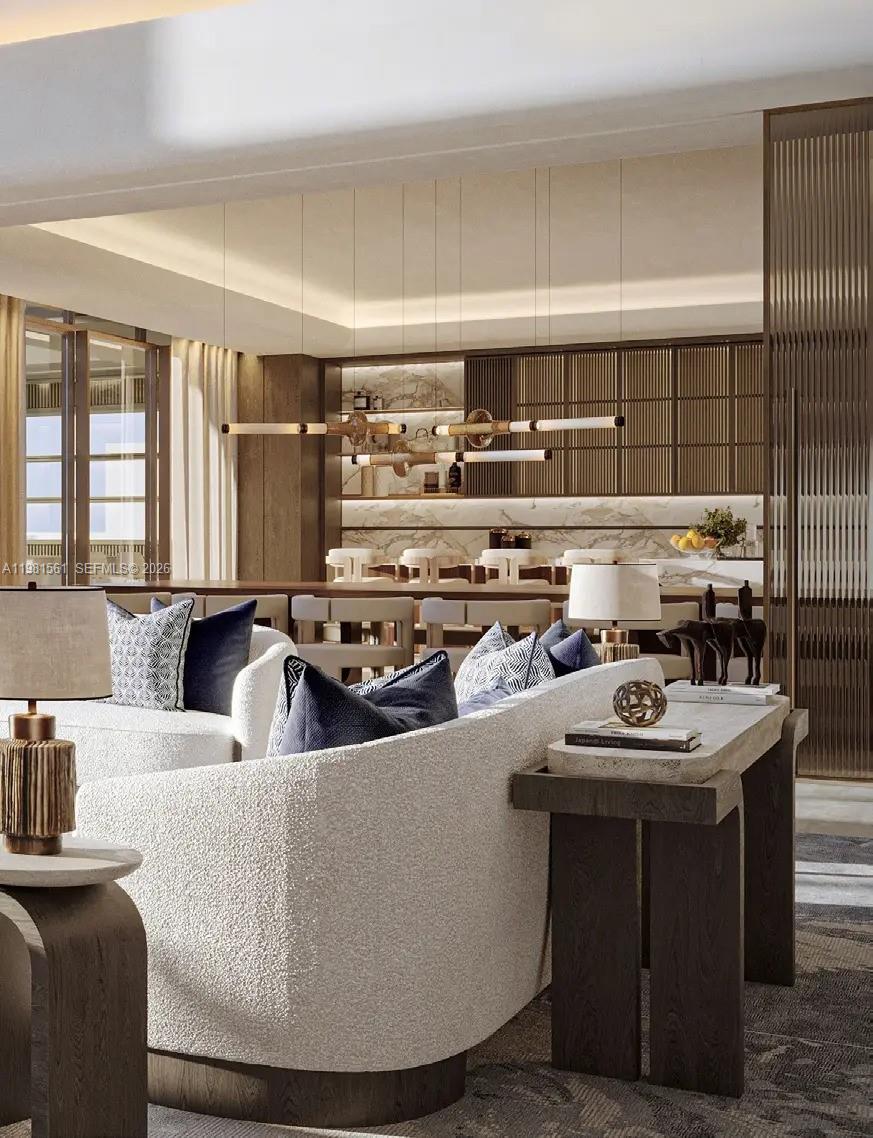 This rendering shows a modern living room with a sofa, console table, and kitchen bar — 1st Saadiyat Beach District # 0, Abu Dhabi, FL