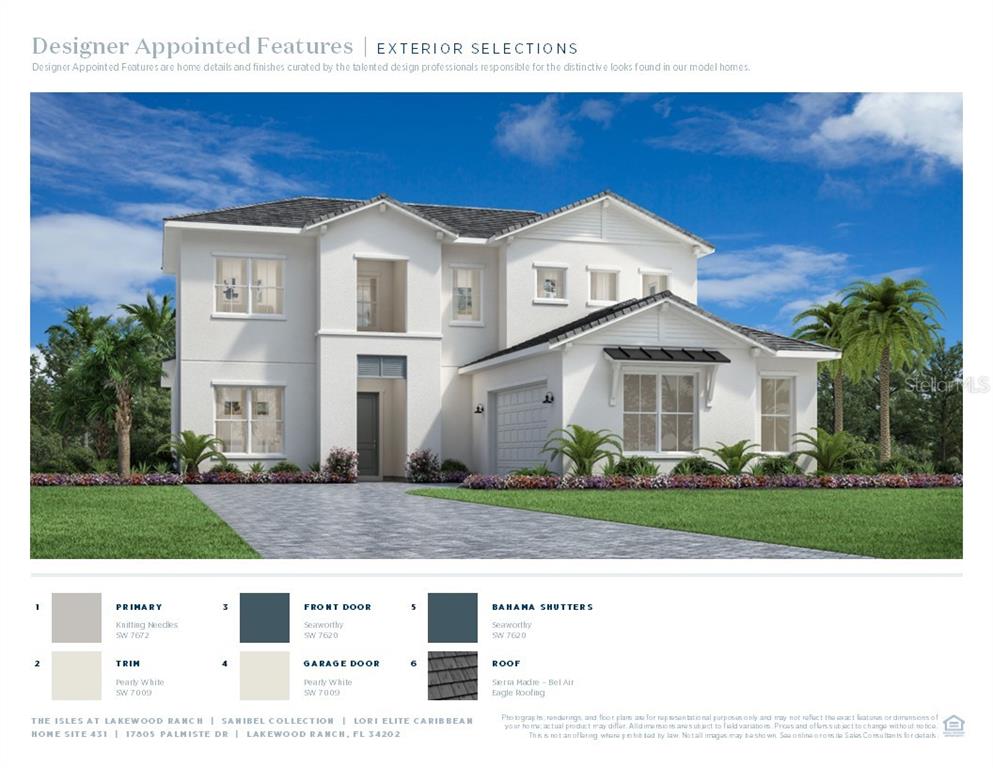 A digital rendering shows the exterior of a two-story house with white stucco walls — 17805 PALMISTE DRIVE, BRADENTON, FL