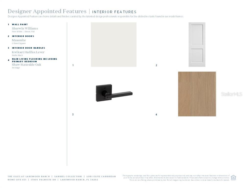 This image displays a selection of interior finishes including wall paint, doors, hardware, and flooring — 17805 PALMISTE DRIVE, BRADENTON, FL