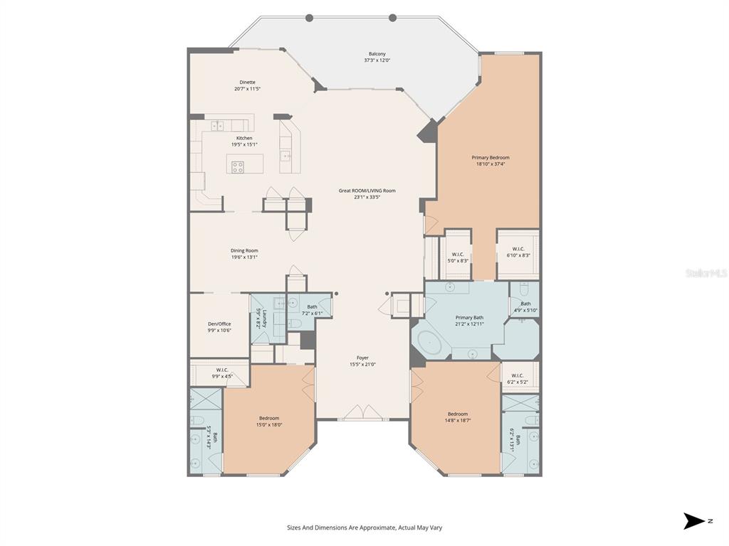 This is a floor plan for a residential unit featuring three bedrooms, a balcony, and multiple bathrooms — 6100 JESSIE HARBOR DRIVE UNIT 202, OSPREY, FL
