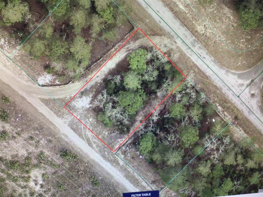 An aerial view shows a wooded, rectangular plot of land outlined in red — 0 SW 44 CIRCLE, OCALA, FL