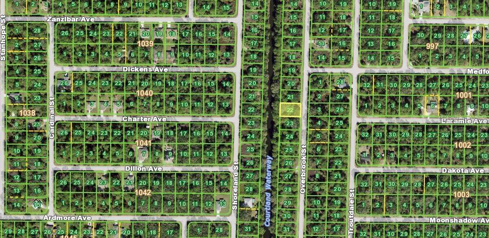This is a map showing residential land lots and street layouts in a suburban neighborhood — 177 OVERBROOK STREET, PORT CHARLOTTE, FL
