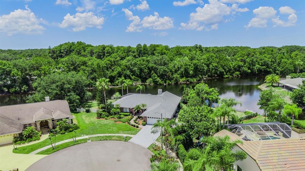 An aerial view shows a suburban neighborhood with houses, green lawns, and a lake — 3817 NICHOLAS CIRCLE, TARPON SPRINGS, FL