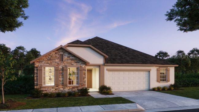 A digital rendering of a single-story suburban house with a stone facade and two-car garage — 11059 N MORRELL DRIVE, CITRUS SPRINGS, FL