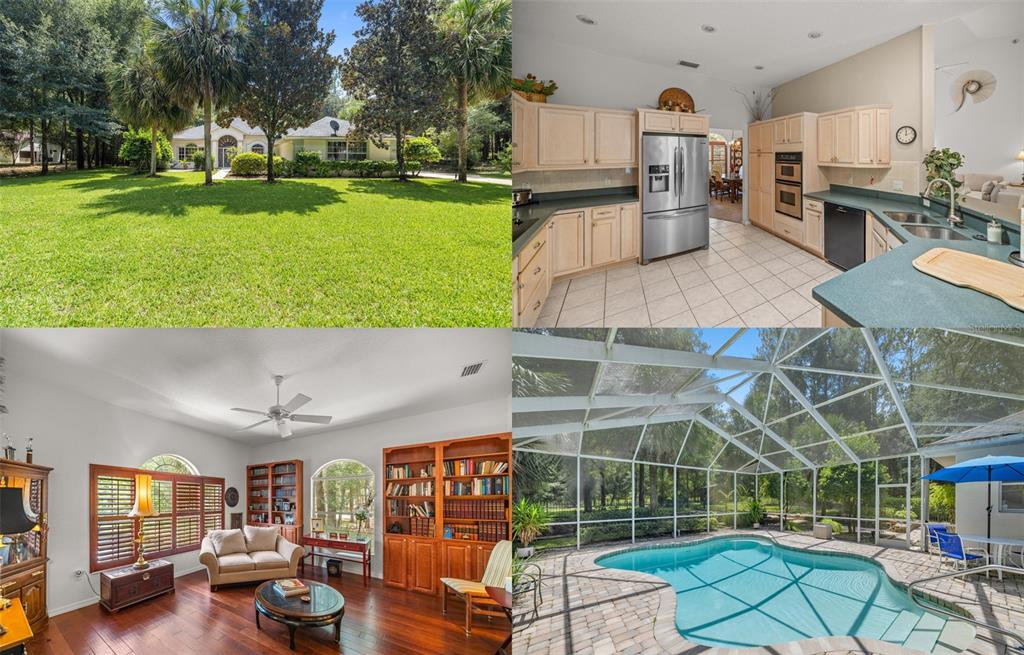 An aerial view shows a house with a pool enclosure surrounded by dense forest — 18293 SW 75TH LOOP, DUNNELLON, FL