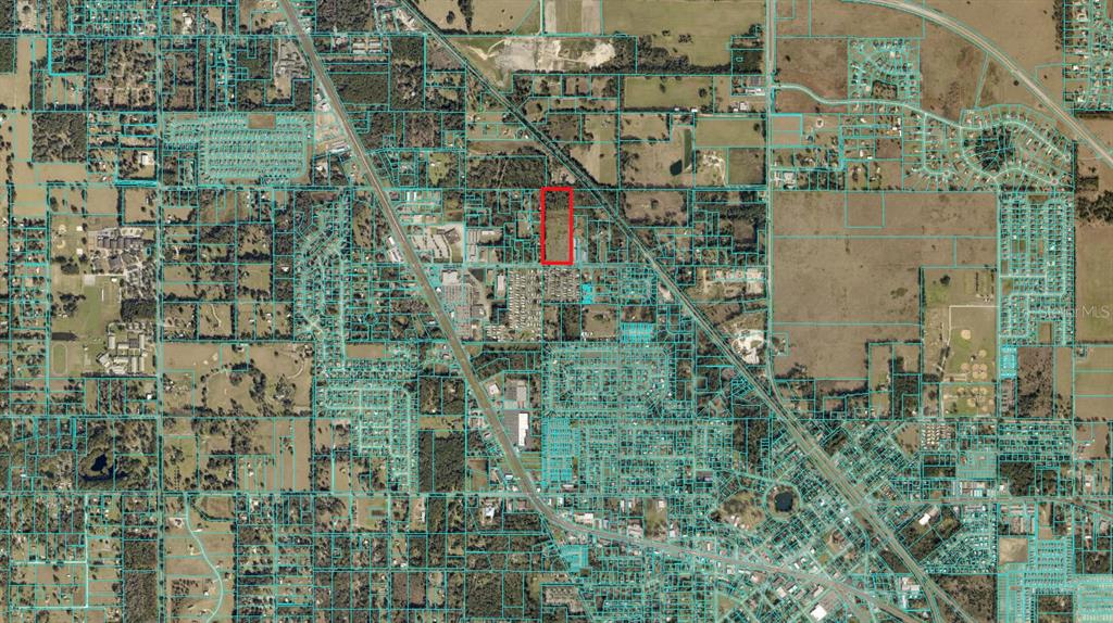 This aerial map shows a rectangular property outlined in red amidst surrounding land parcels — 00 SE 102 PLACE, BELLEVIEW, FL