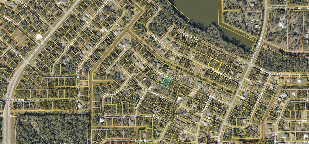 This is an aerial map showing a highlighted residential lot in a suburban neighborhood — LANGSOM LANE, NORTH PORT, FL