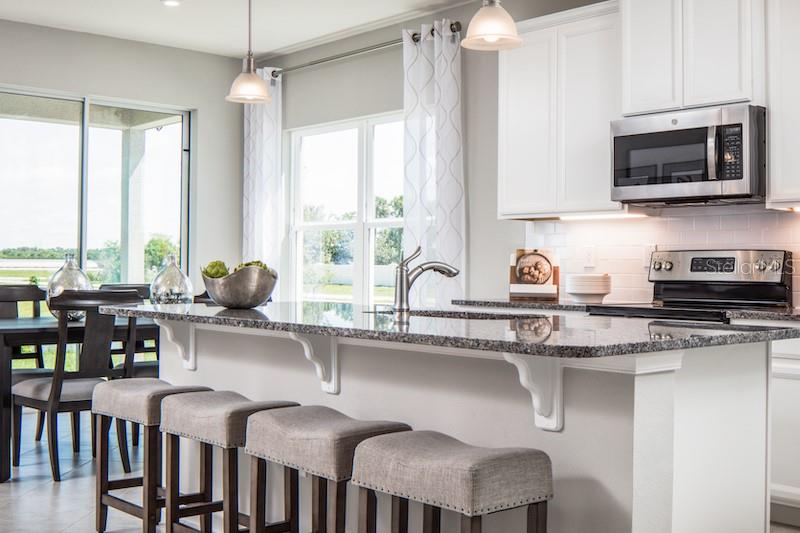 A kitchen island with bar seating sits in front of white cabinets and stainless appliances — 2578 WHITE LADYFISH ROAD, WIMAUMA, FL