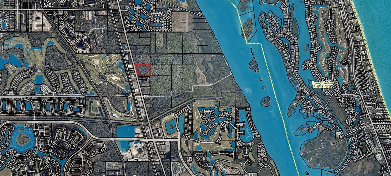 This aerial map shows a rectangular property outlined in red within a wooded area — 5920 Us Highway 1, Vero Beach FL 32967, VERO BEACH, FL