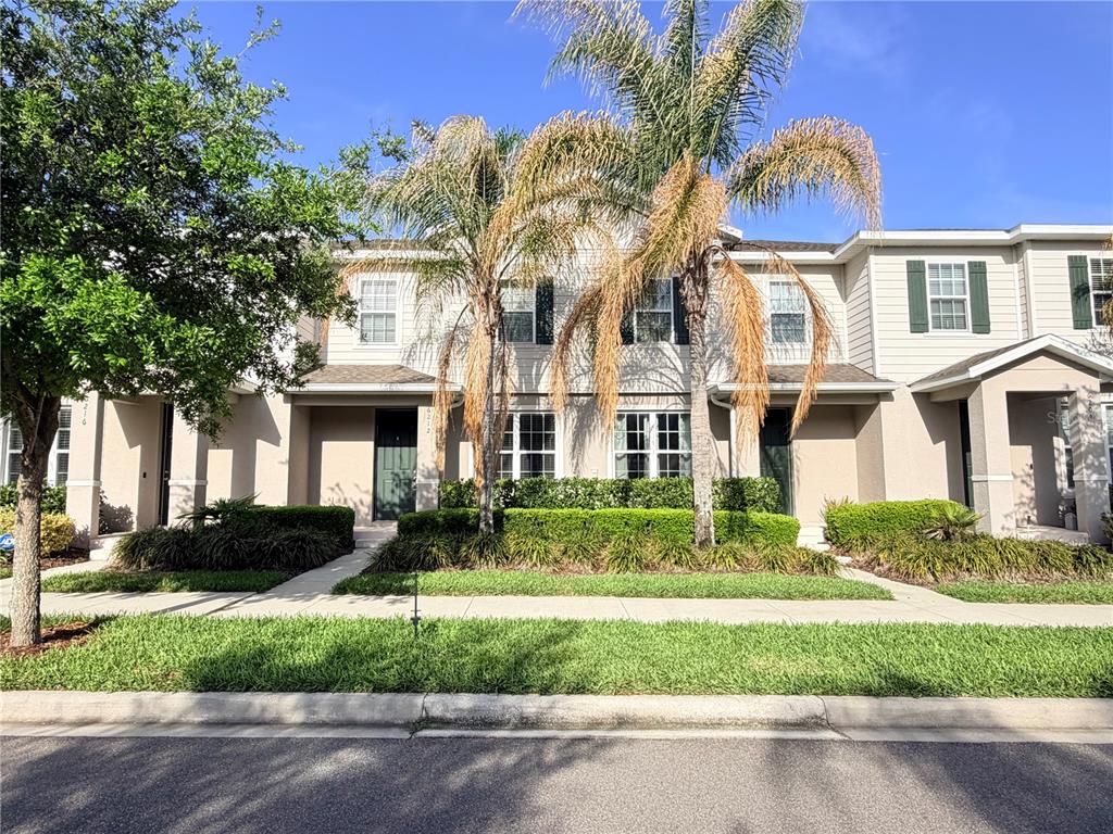 A two-story townhouse exterior with beige siding, dark shutters, and two palm trees in front — 6212 ARALIA IVY LANE, WINTER GARDEN, FL