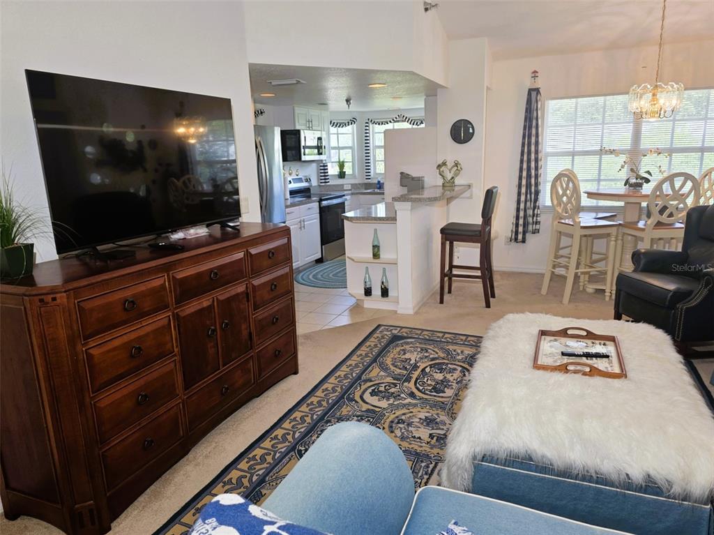 A living room with a wooden dresser, television, and an open kitchen with a breakfast bar — 2077 WETLAND POINT UNIT 1301, LUTZ, FL