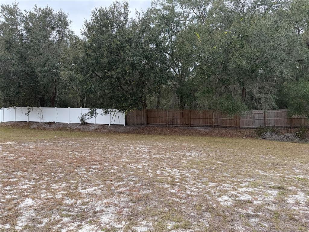A grassy backyard features a white vinyl fence and a wooden fence bordering dense trees — MONTCLAIR ROAD UNIT 21, LEESBURG, FL
