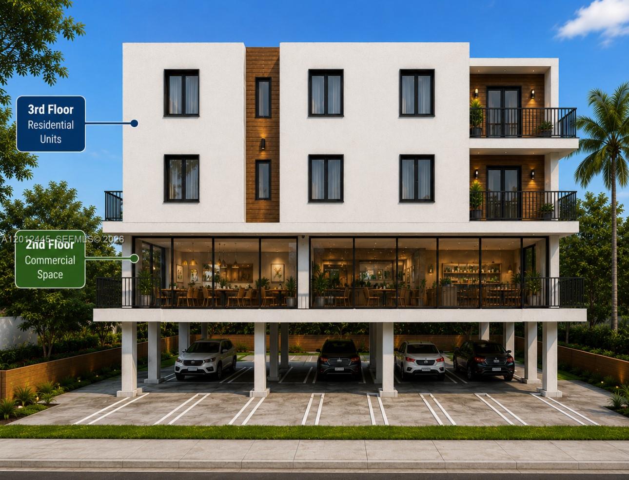 This architectural rendering shows a three-story building with ground-level parking, a glass-walled commercial floor, and residential units — FORT LAUDERDALE, FL