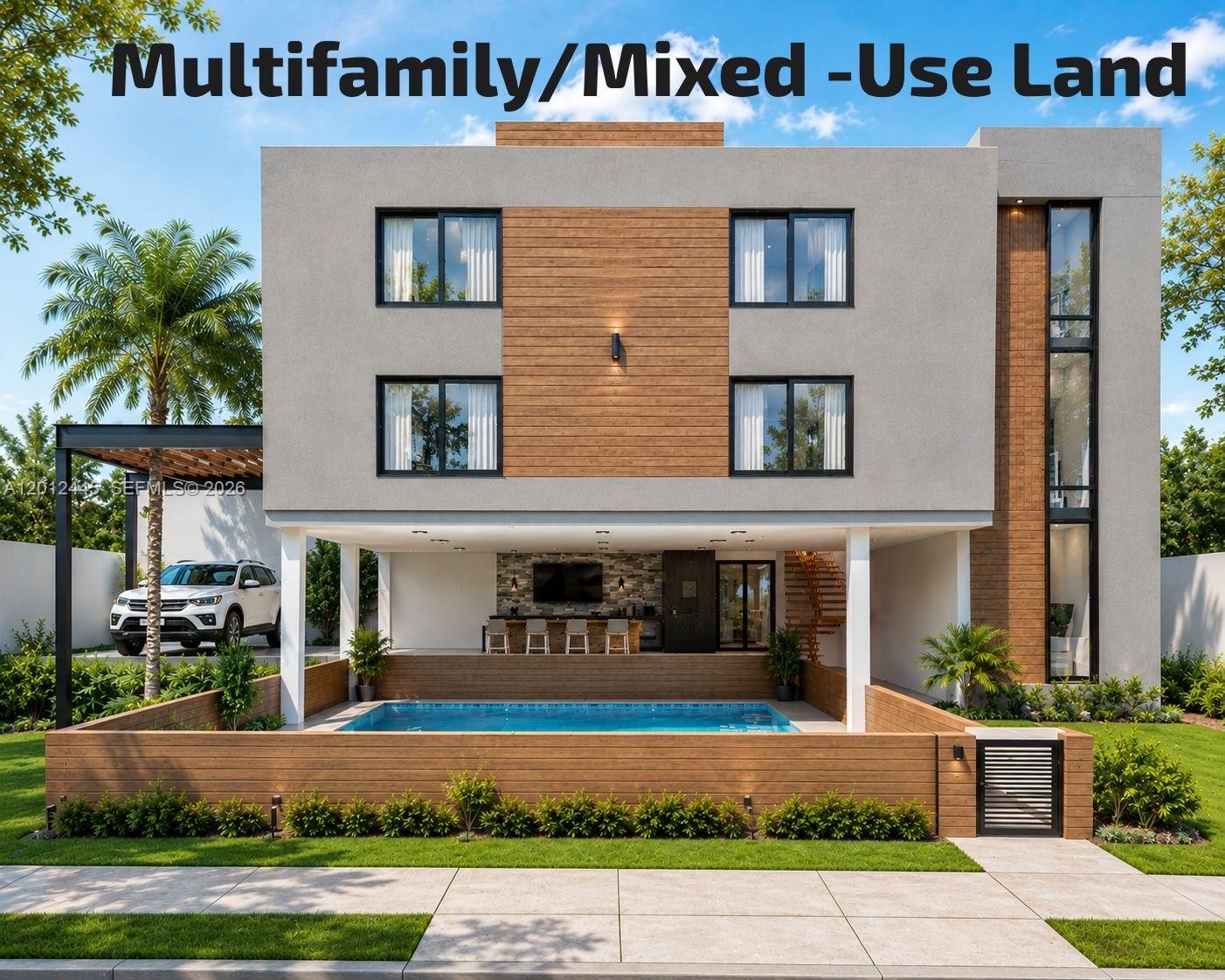 A rendering of a modern three-story building with a ground-level pool and outdoor bar area — FORT LAUDERDALE, FL