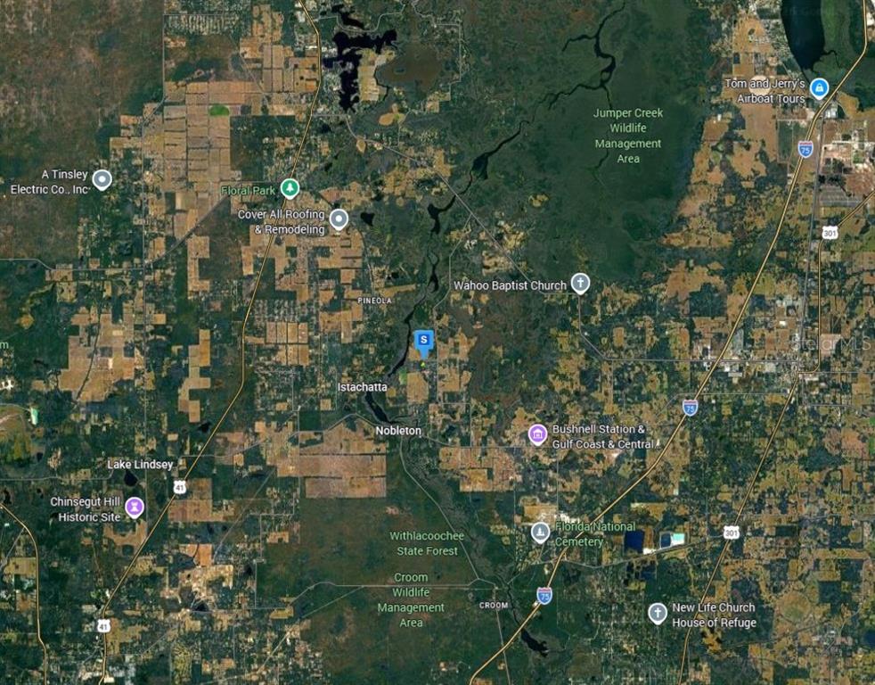 This is a satellite map showing the area surrounding Istachatta, Florida, with various local landmarks labeled — 9111 CR 622, BUSHNELL, FL