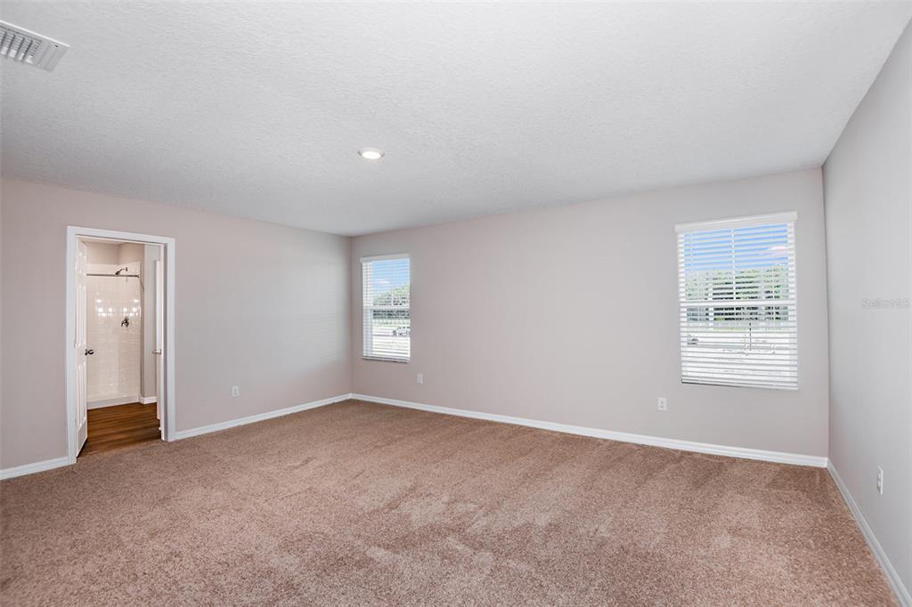 A carpeted bedroom with light gray walls, two windows, and an attached bathroom doorway — 36613 SAGEMOOR DRIVE, ZEPHYRHILLS, FL